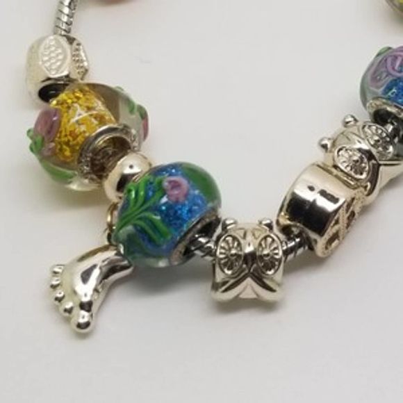 Peace Charm Murano Glass Bracelet Glass and Silver Tone Beads Snake Chain sz 7.5 - Picture 3 of 6